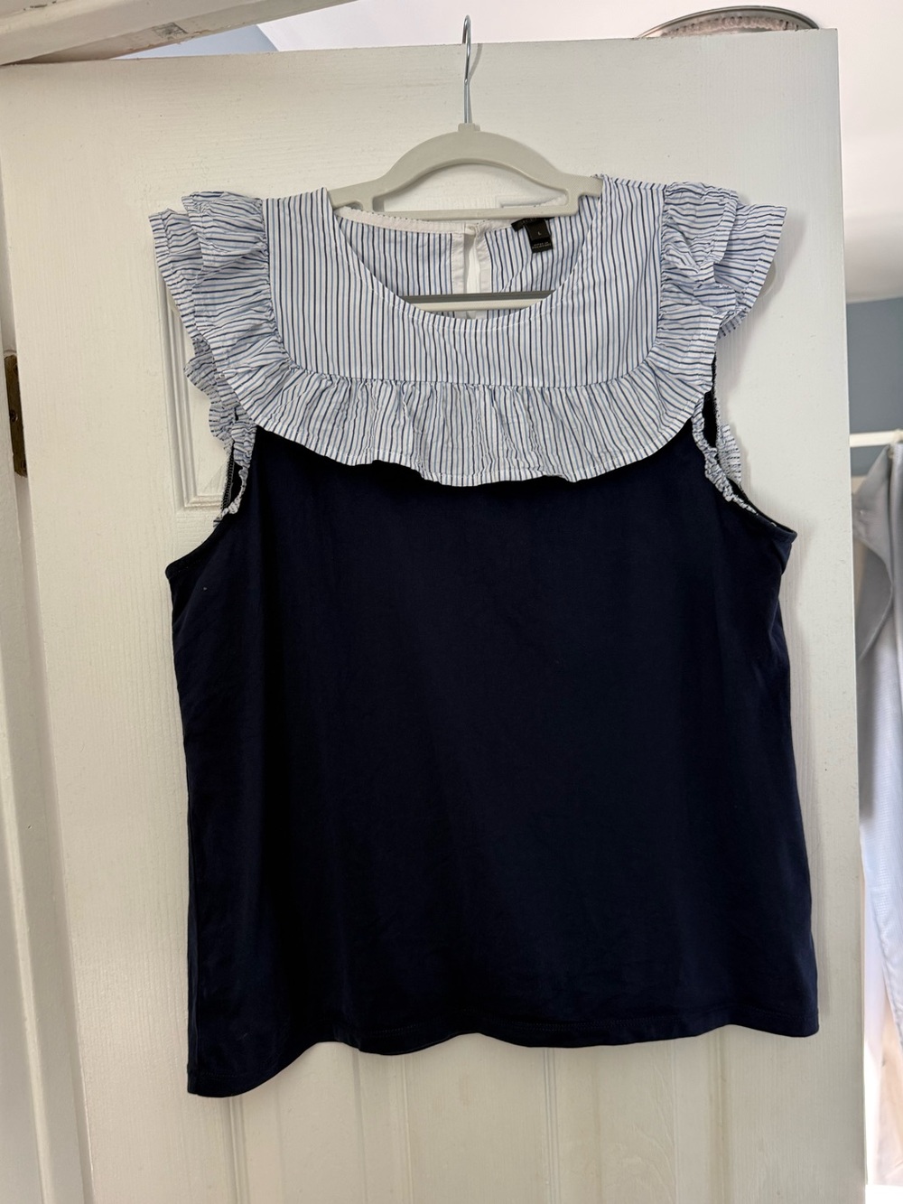 J. Crew Navy Sleeveless Top with Blue-and-White Striped Ruffle